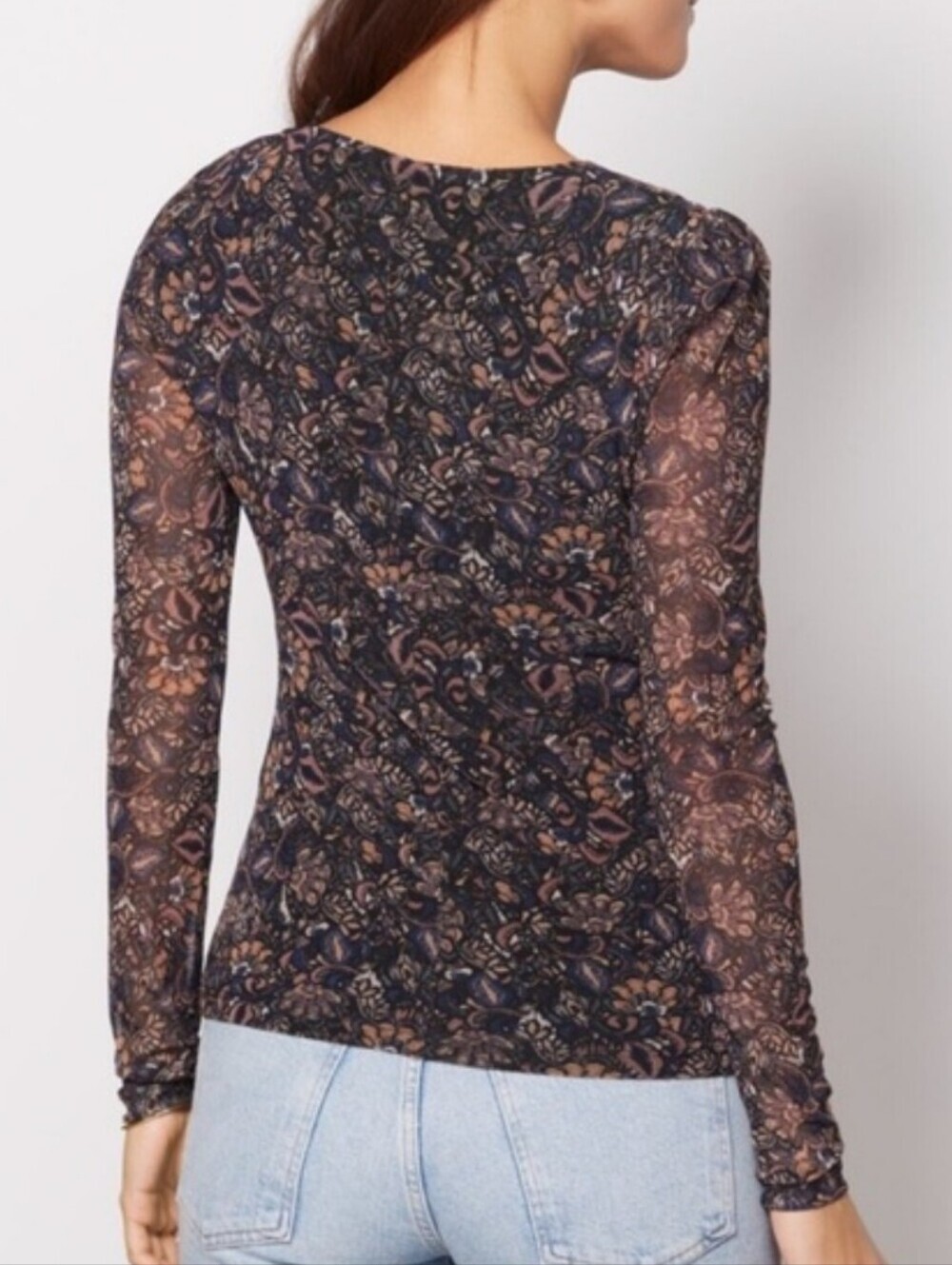 Evereve Amora Ruched Mesh Blouse in Black Multi - Picture 2 of 9